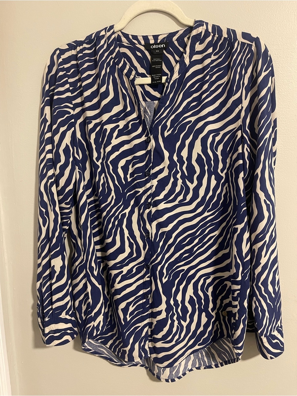 Olsen Blue & Cream Zebra Print Viscose Blouse – Size S/6